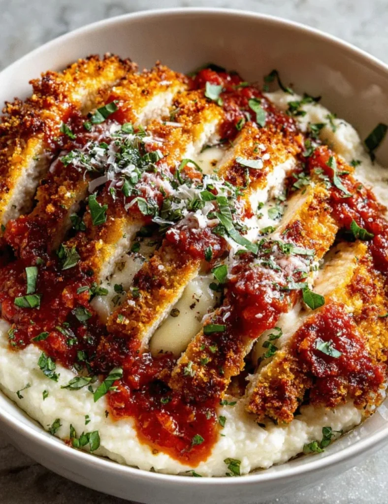 Healthy Cottage Cheese Chicken Parm Bowl with chicken, cheese, and tomato sauce