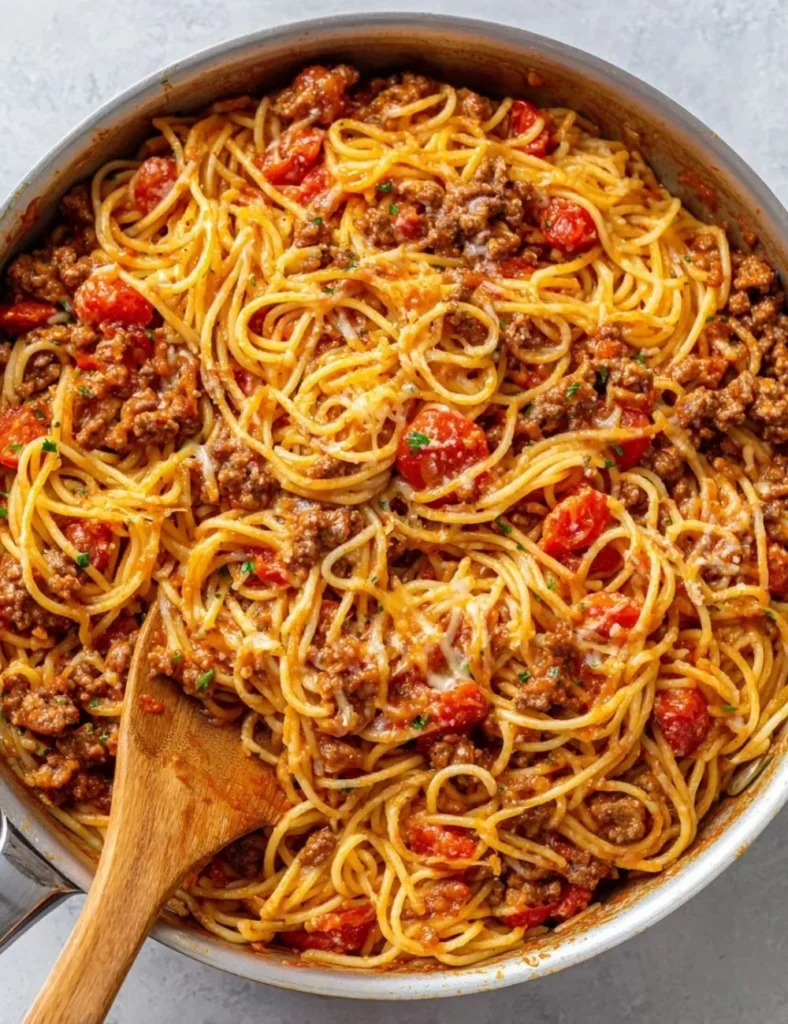 Delicious Cowboy Spaghetti served with savory ingredients and pasta.