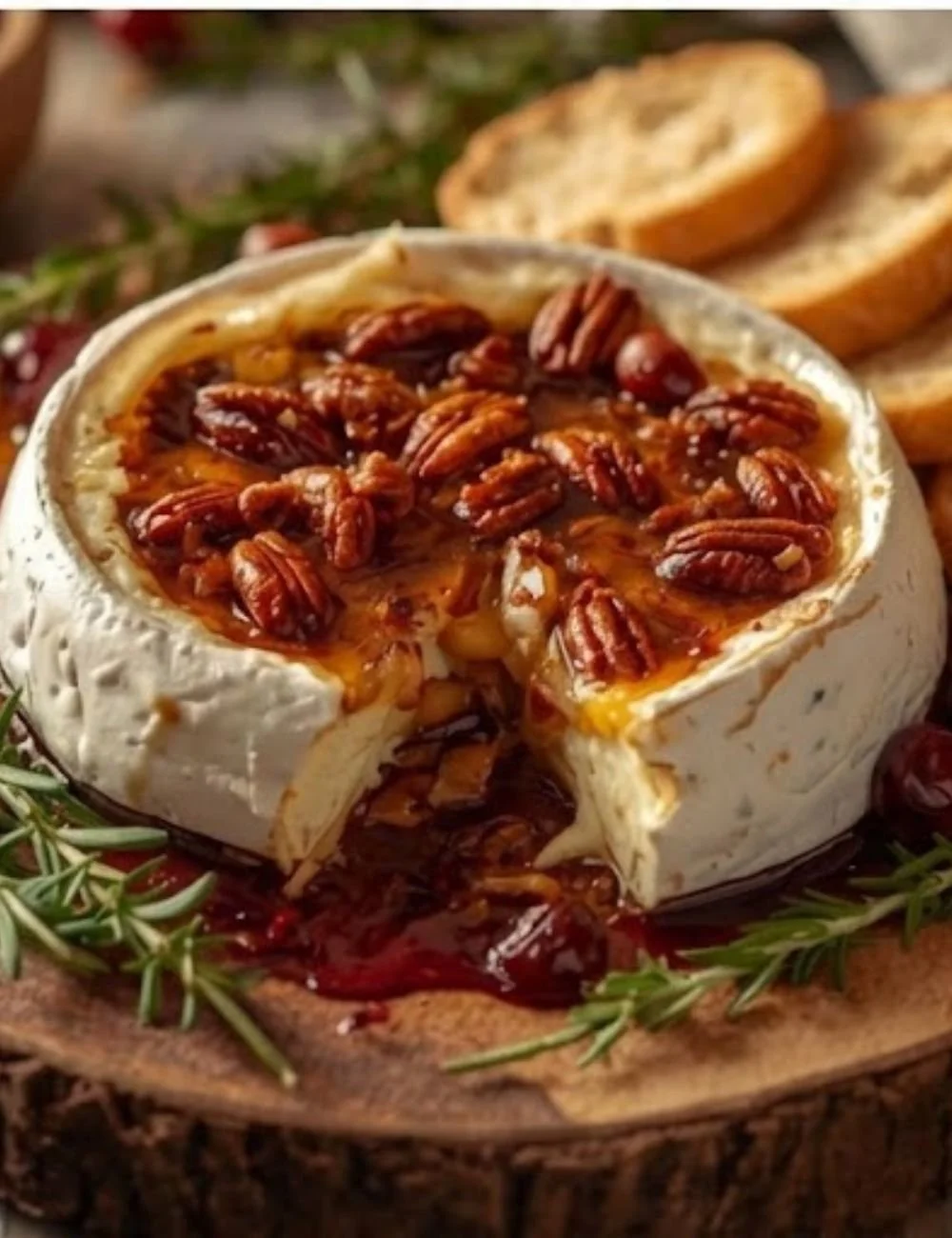 Cranberry Pecan Baked Brie topped with nuts and cranberries, served warm.