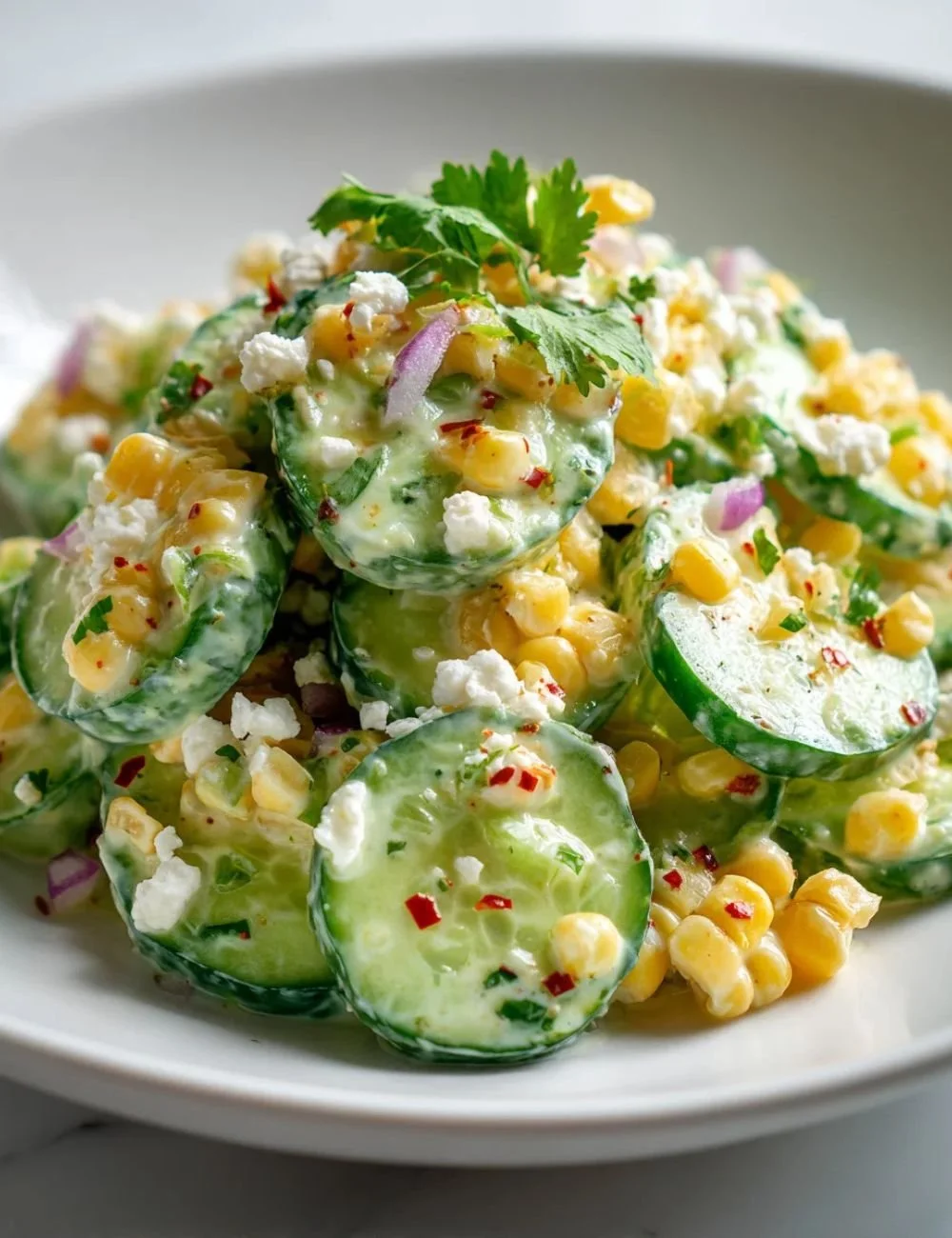 Creamy cucumber salad with street corn served in a bowl