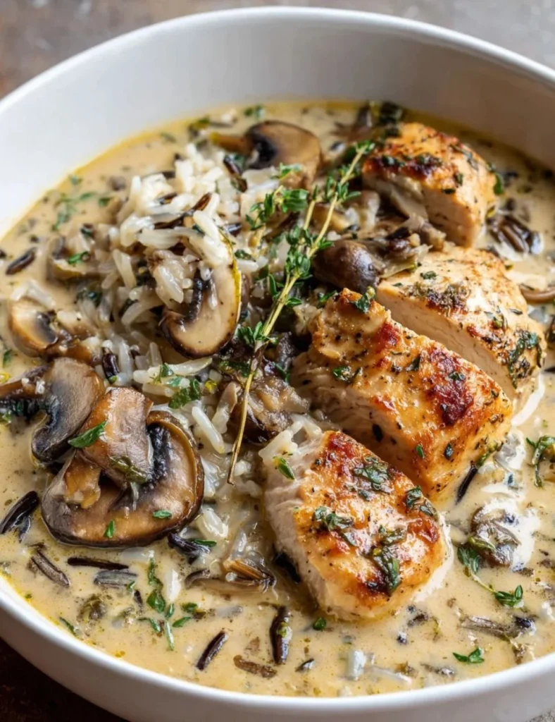 Bowl of creamy mushroom chicken and wild rice soup garnished with herbs