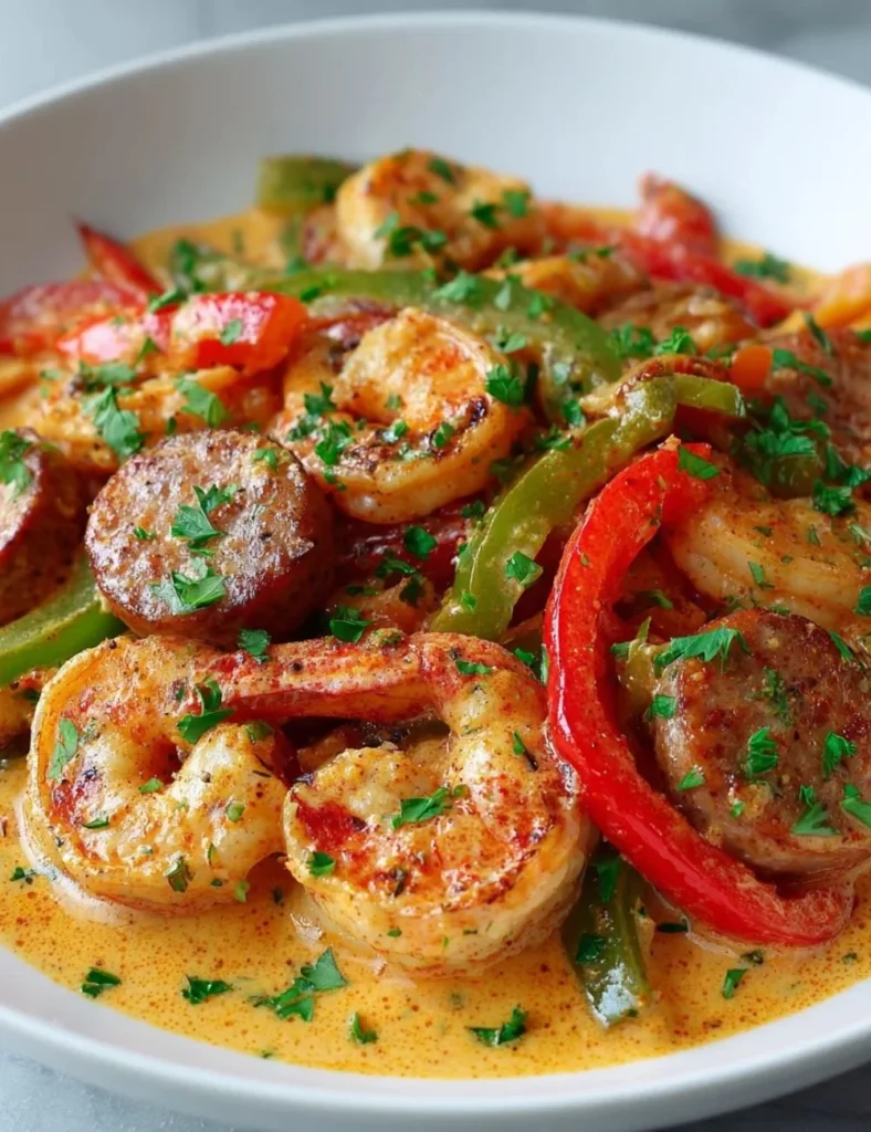 Creamy spicy Keto Shrimp and Beef Skillet in a cast-iron pan