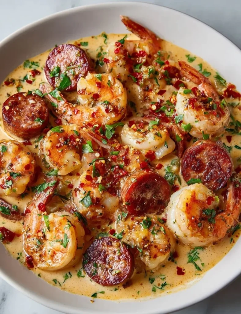 Creamy spicy keto shrimp and beef skillet served on a plate