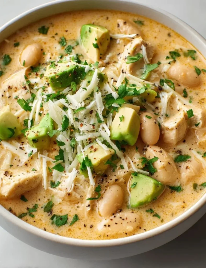 Bowl of creamy white chicken chili topped with cilantro and cheese