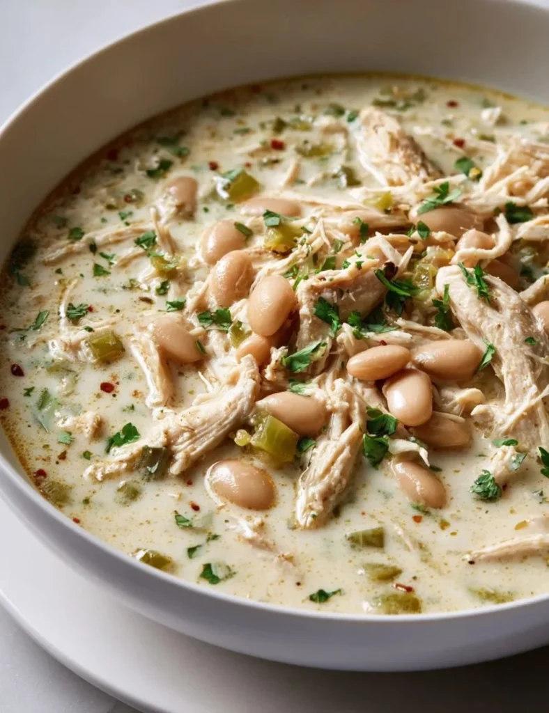 Bowl of creamy white chicken chili with fresh herbs and toppings