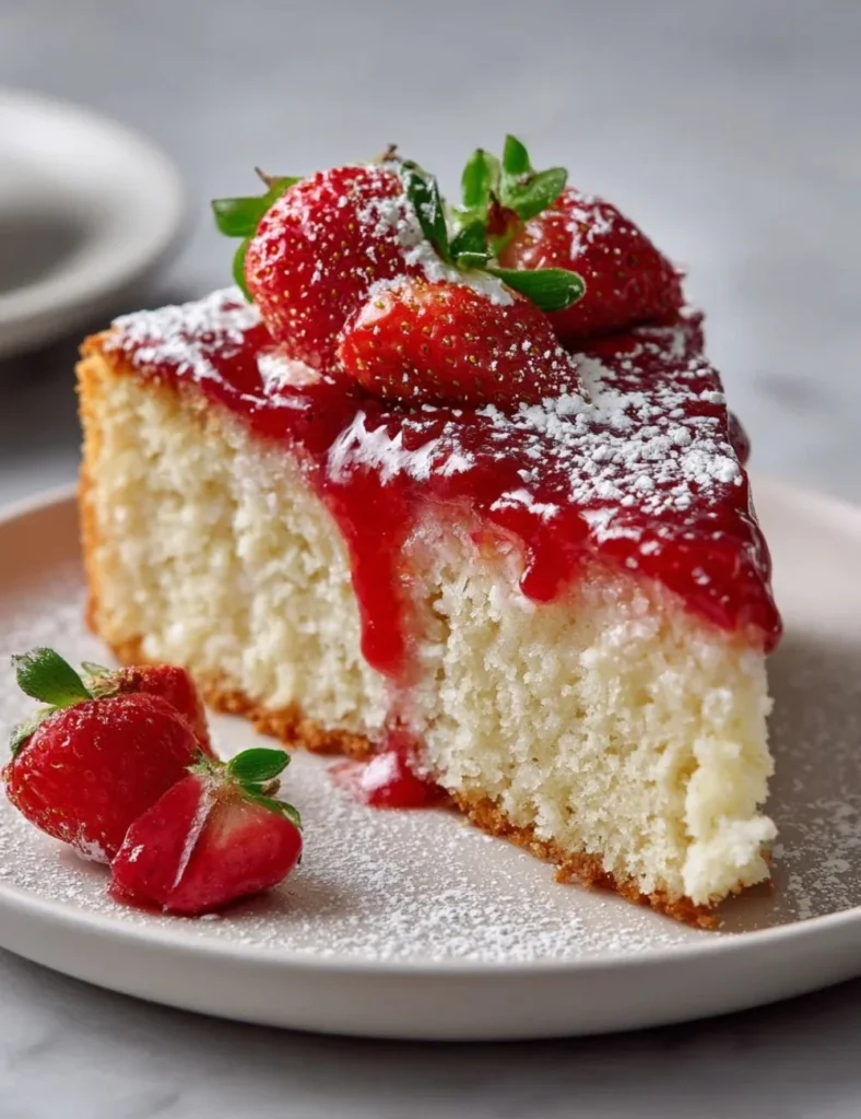 Slice of creamy yogurt cake topped with fresh berries on a white plate.