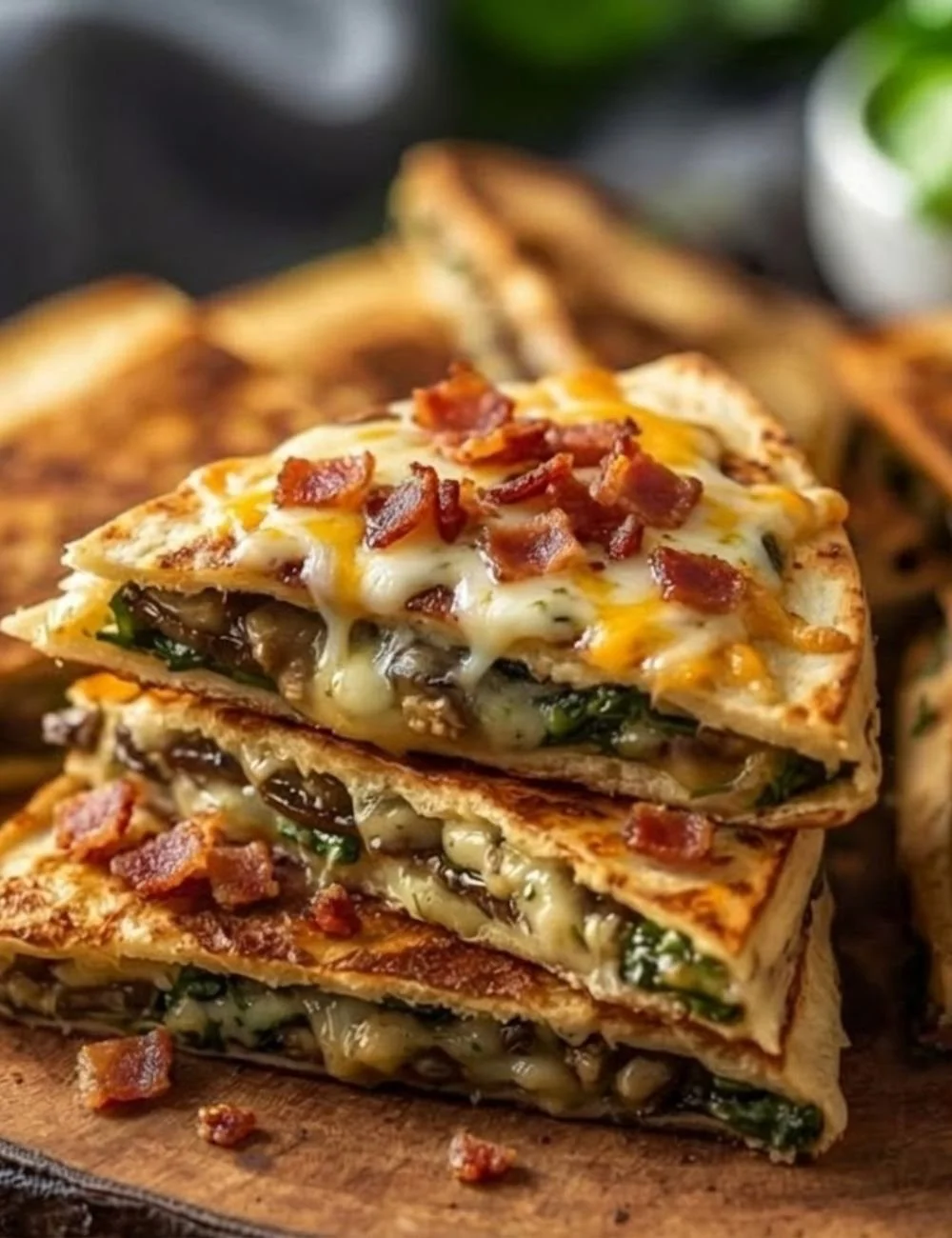 Crispy baked spinach mushroom quesadillas with melted cheese and golden crust