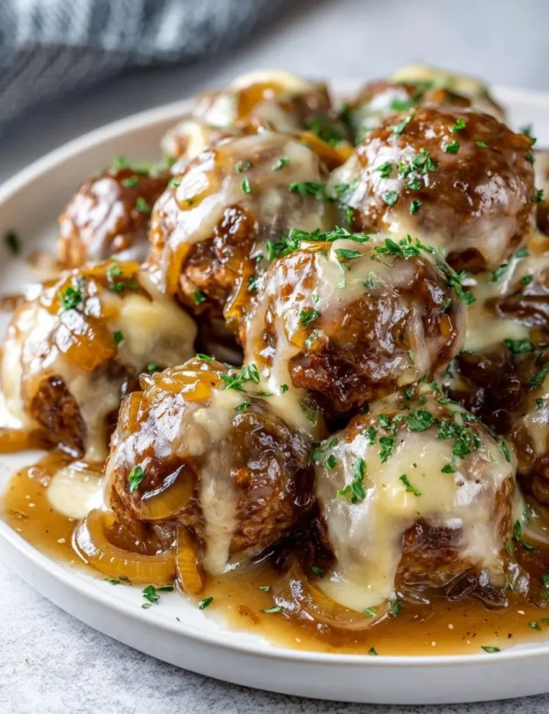 Crock Pot French Onion Beef Meatballs in a serving dish