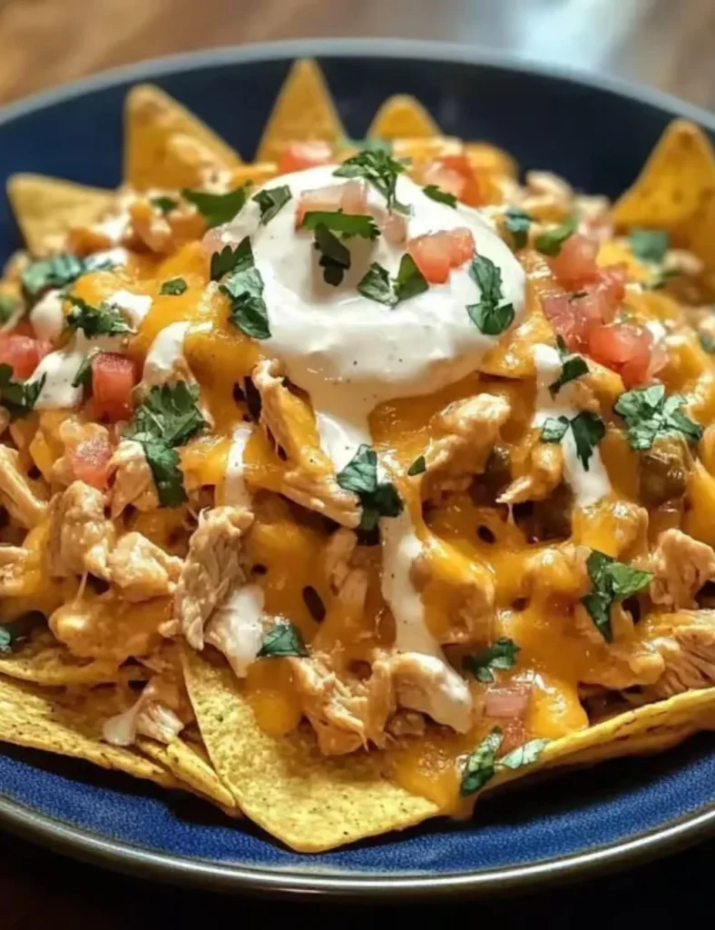 Delicious crockpot creamy chicken nachos topped with cheese and jalapenos