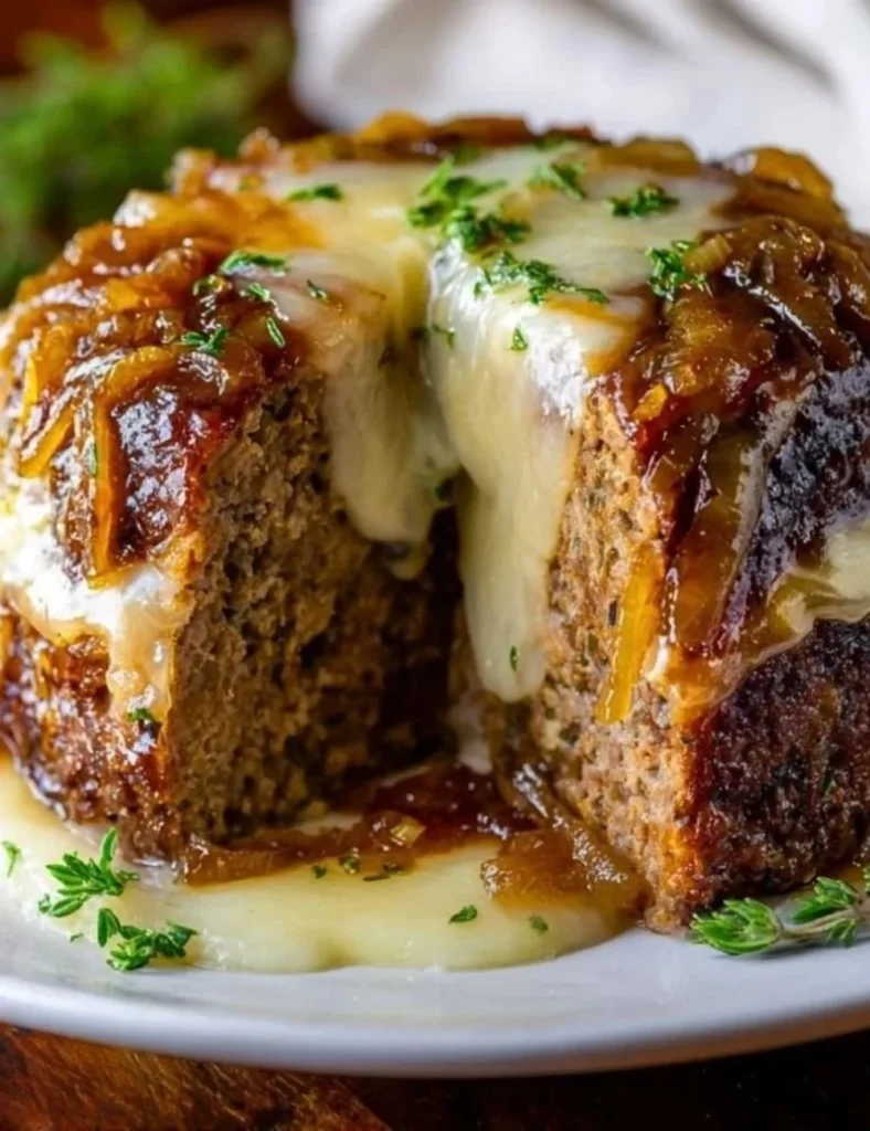Delicious Crockpot French Onion Meatloaf garnished with caramelized onions