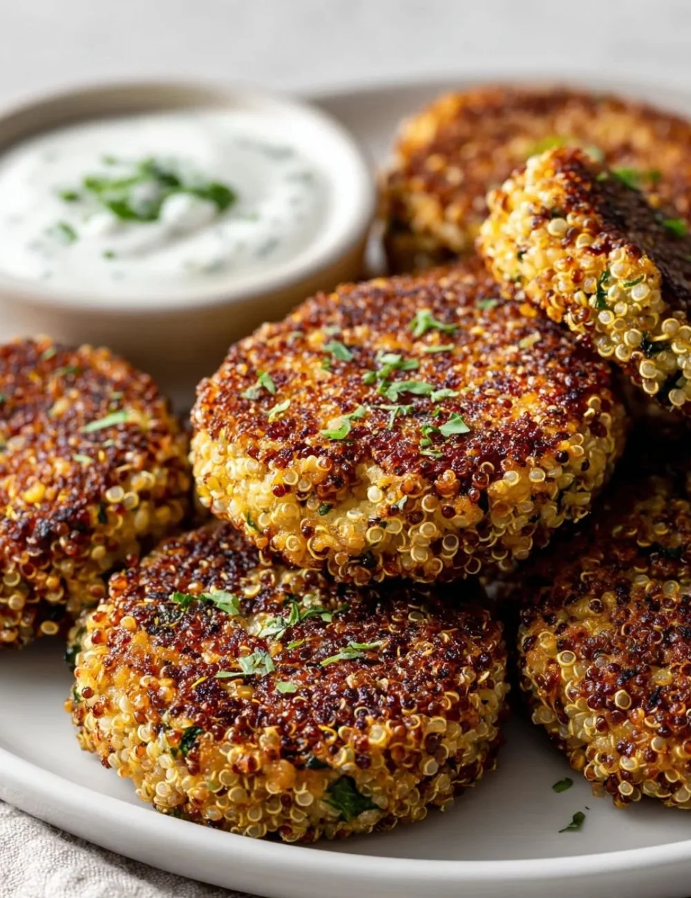 Crunchy quinoa veggie patties on a plate garnished with herbs