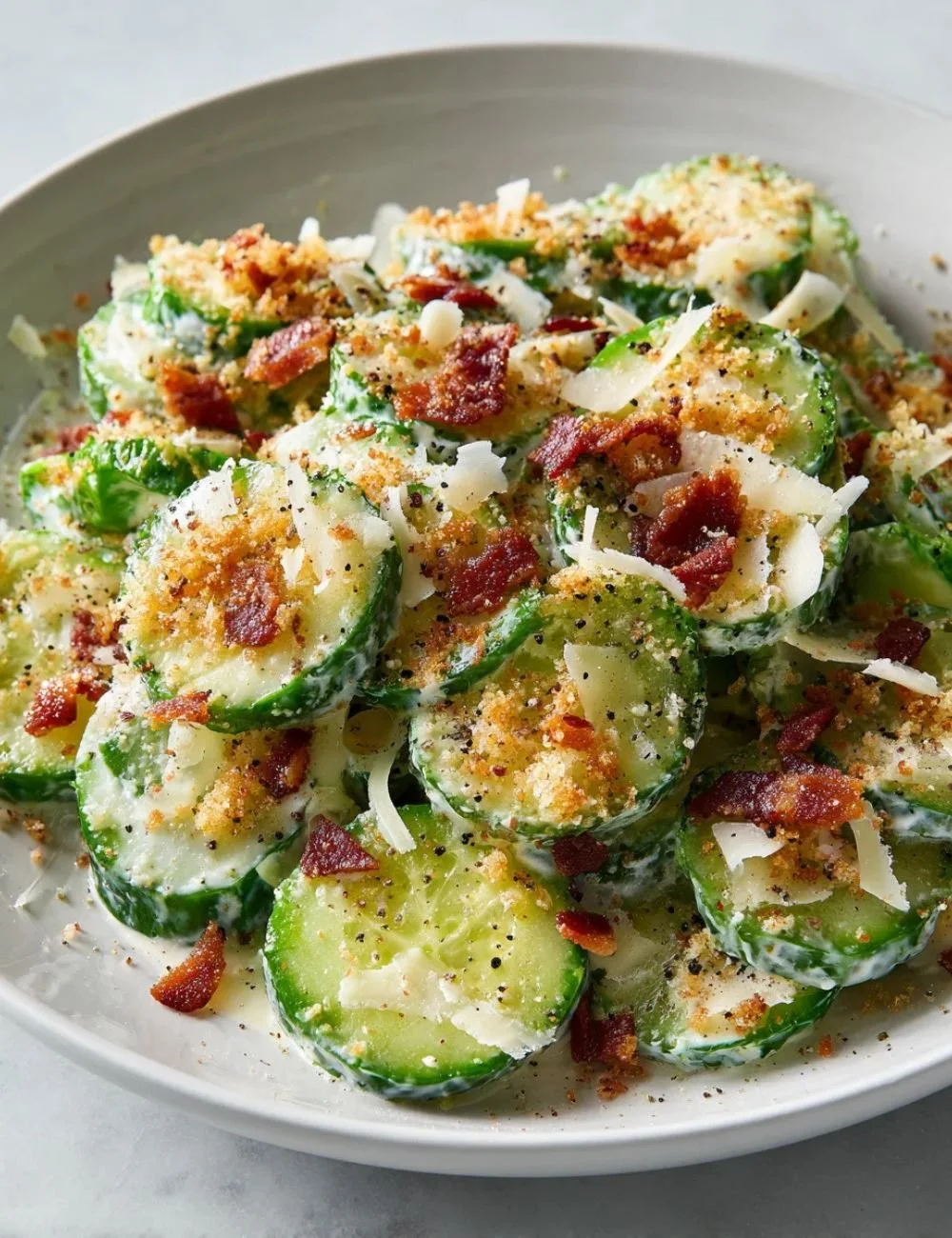 Cucumber Caesar Salad with crisp cucumbers and creamy dressing on a plate.