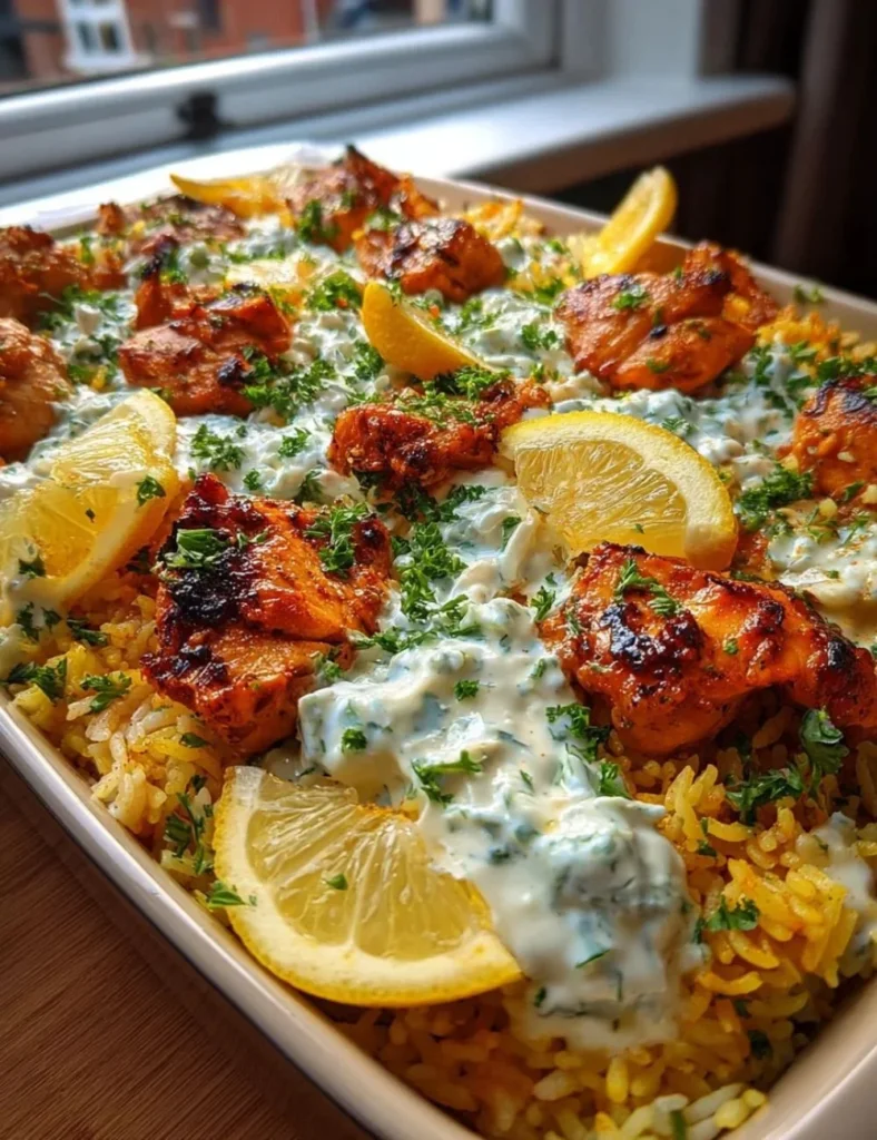 Deliciously baked Chicken Tzatziki Rice served in a bowl for a quick weeknight meal.