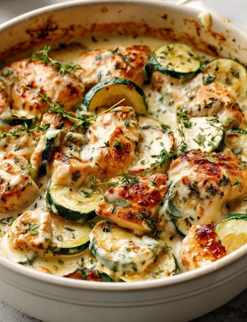 Easy chicken zucchini bake with cheese and fresh herbs in a baking dish