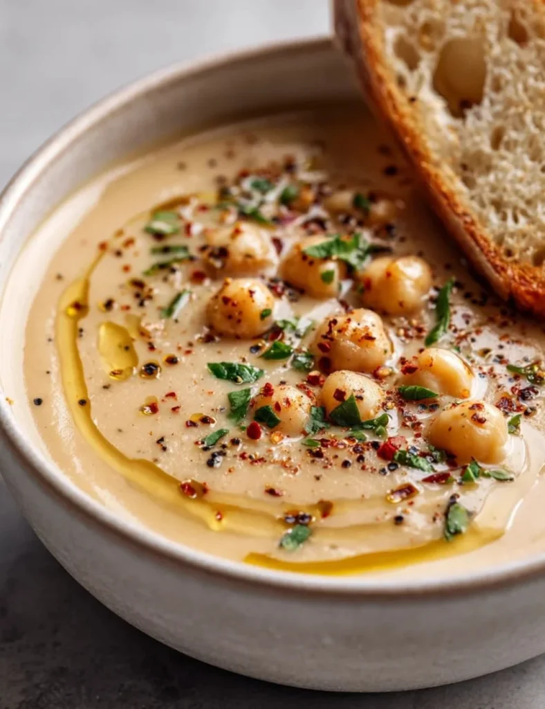 Bowl of Easy Garlic Chickpea Soup garnished with herbs