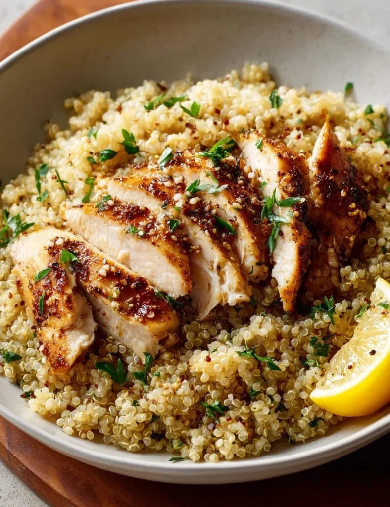 Delicious garlic lemon chicken served with quinoa and fresh herbs.