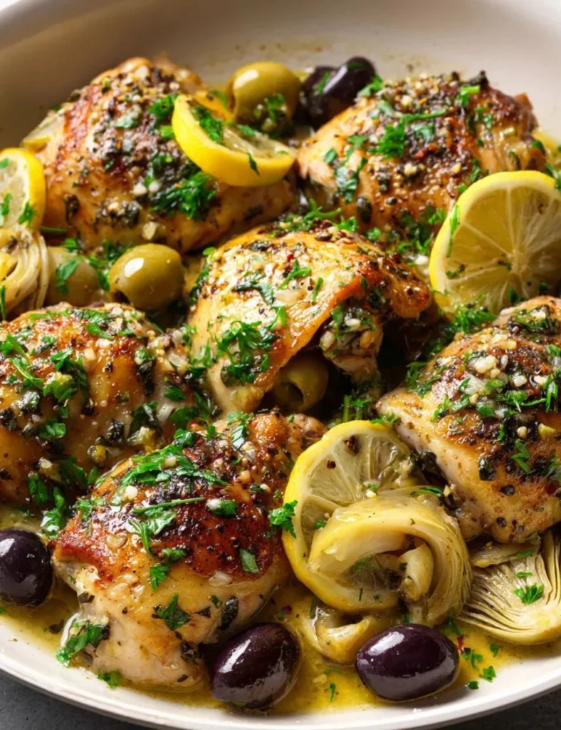 Plate of easy lemon chicken garnished with herbs and lemon slices.