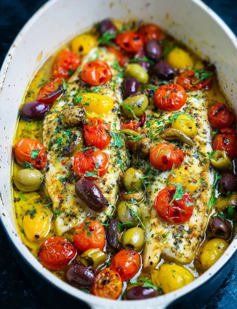 Delicious Mediterranean Baked Mackerel garnished with herbs and lemon