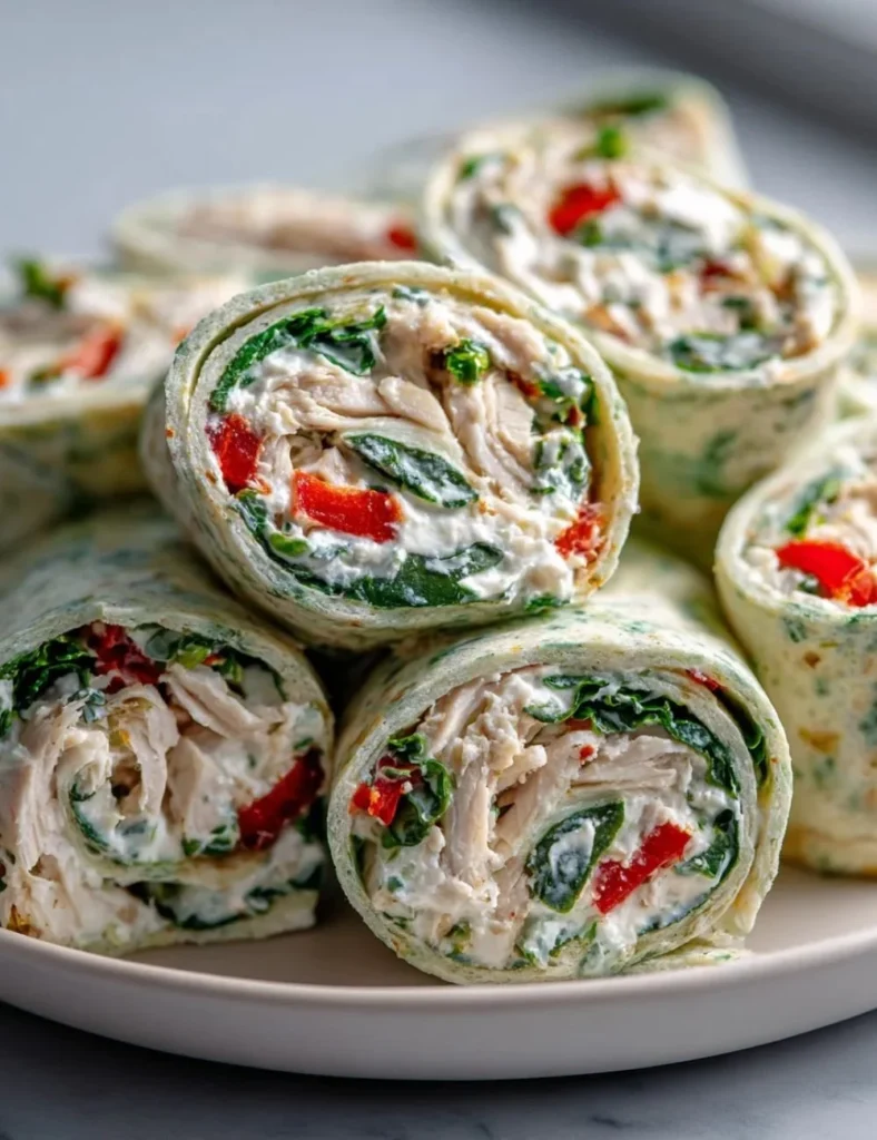 Gluten-free cottage cheese wrap pinwheels on a plate, garnished with herbs.