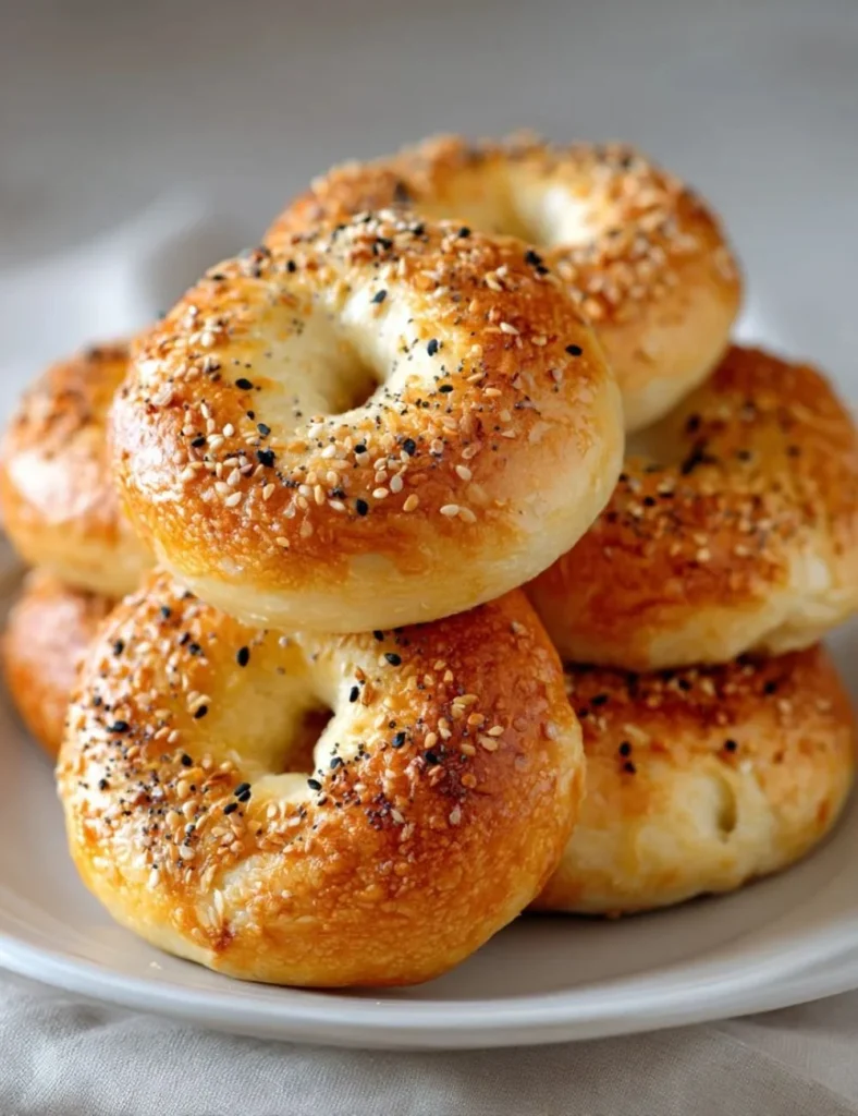 Homemade Greek yogurt bagels fresh out of the oven with a golden crust.