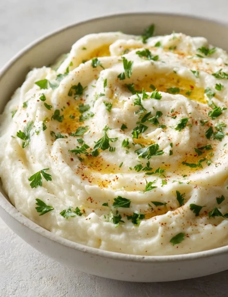 Bowl of healthy cauliflower mashed potatoes topped with herbs