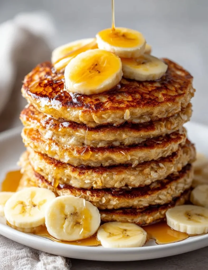 Healthy and easy banana oatmeal pancakes served on a plate with syrup and fruit.