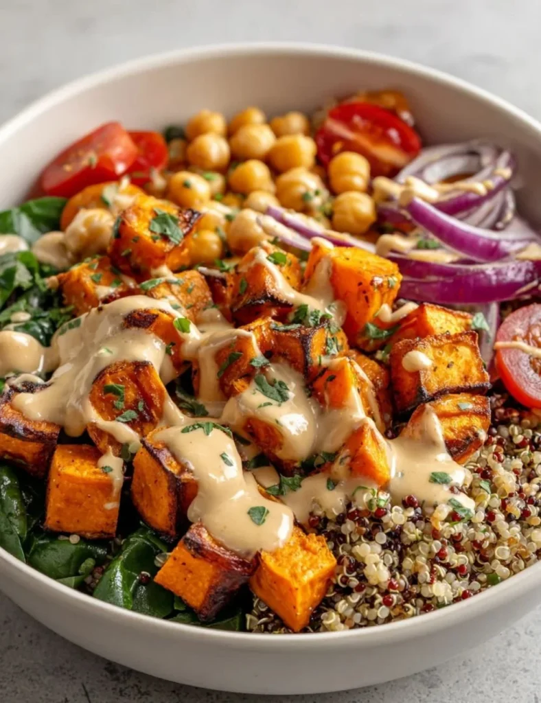 Healthy roasted sweet potato salad with vibrant vegetables and dressing