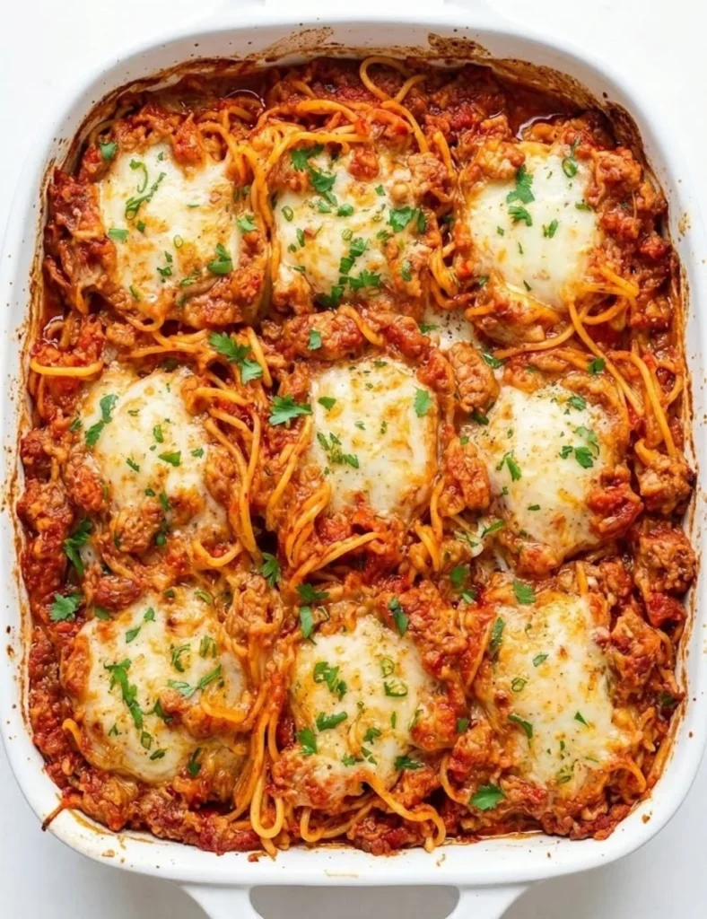 High protein baked spaghetti casserole fresh out of the oven.