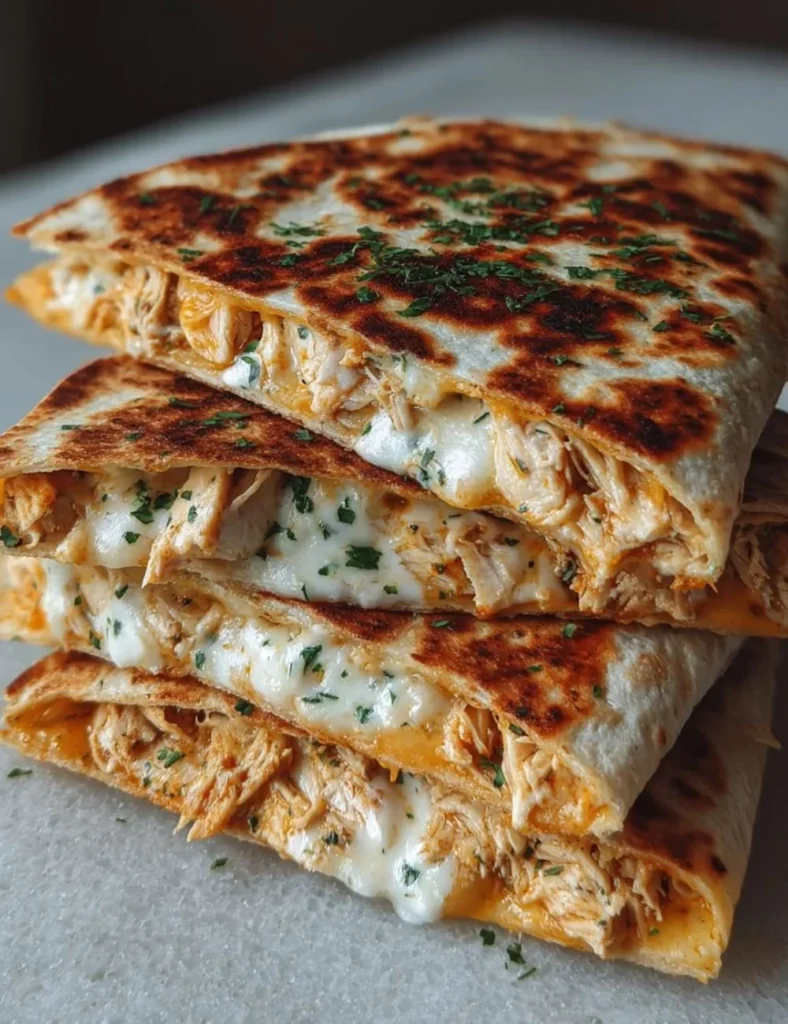 High protein chicken ranch quesadilla served on a plate with dipping sauce.