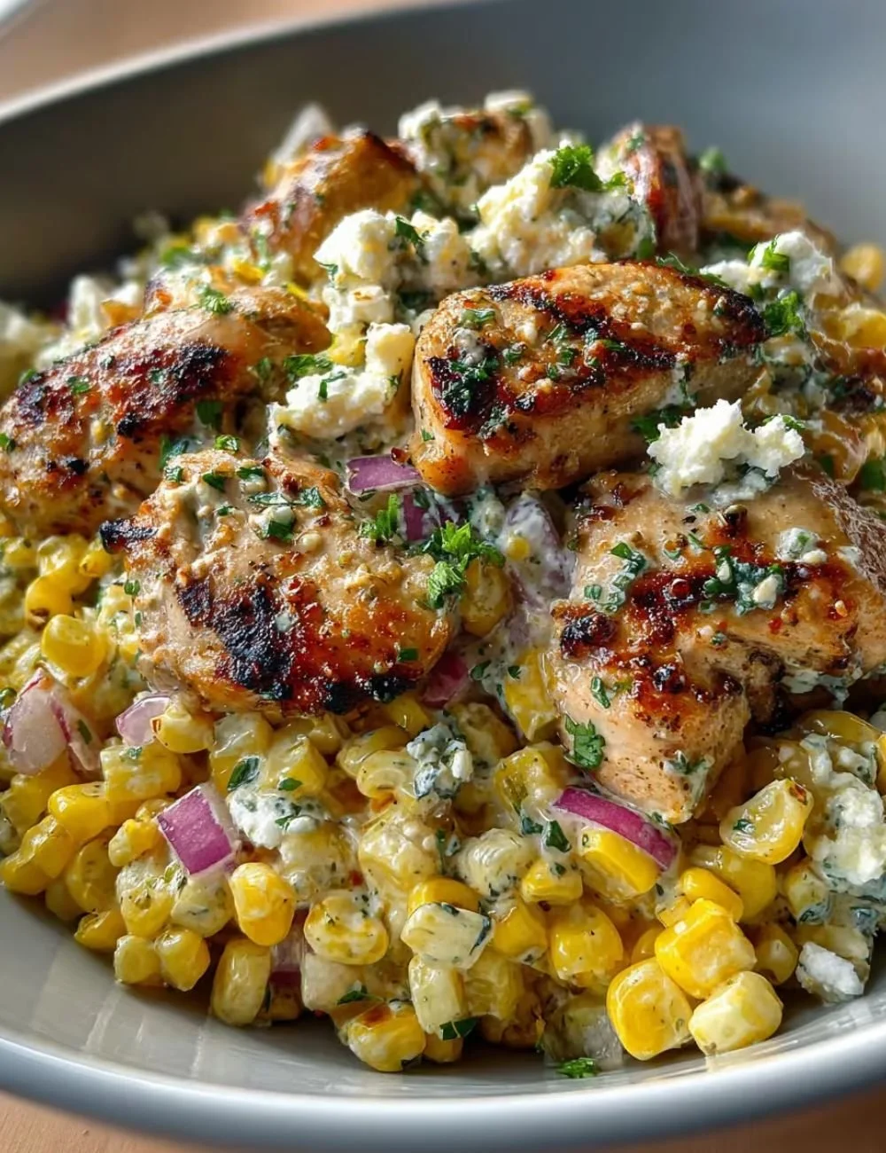 High Protein Chicken Salad featuring street corn and fresh ingredients