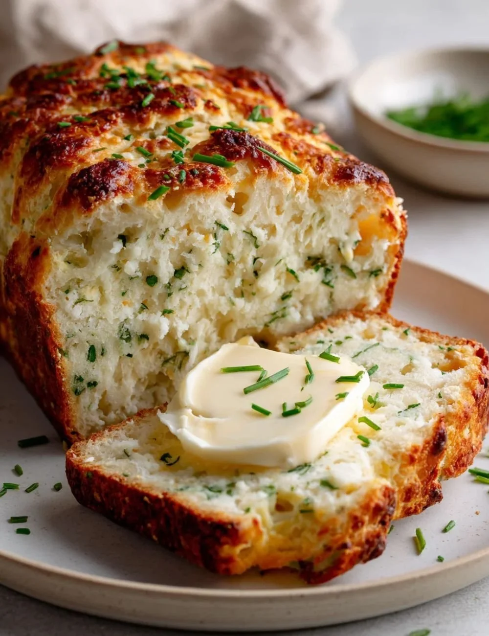 High protein low carb cottage cheese bread sliced on a wooden board.