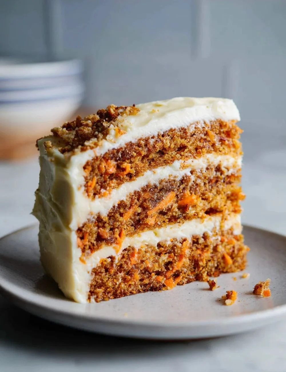 Homemade carrot cake with cream cheese frosting and walnuts on a rustic table
