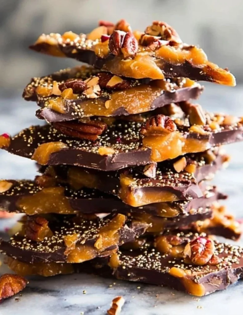 Bowl of homemade Christmas toffee with nuts and chocolate decorations