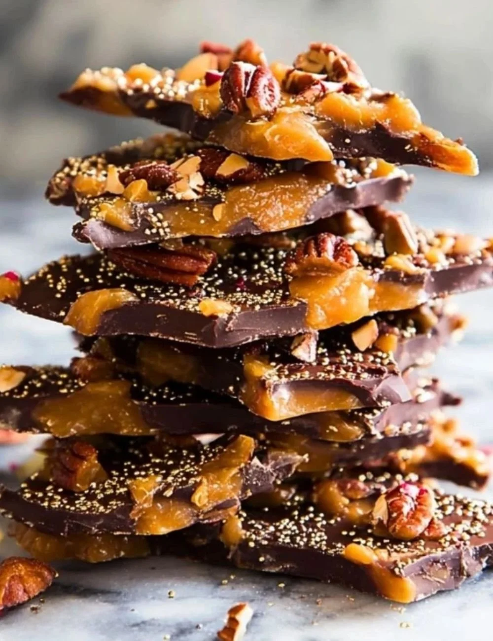 Bowl of homemade Christmas toffee with nuts and chocolate decorations