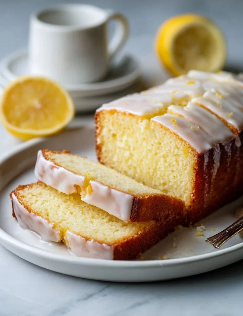 Healthy Greek yogurt lemon loaf cake with a golden crust and lemon glaze