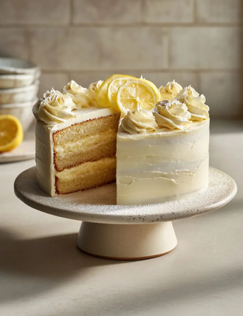 Italian lemon cream cake topped with cream and lemon zest