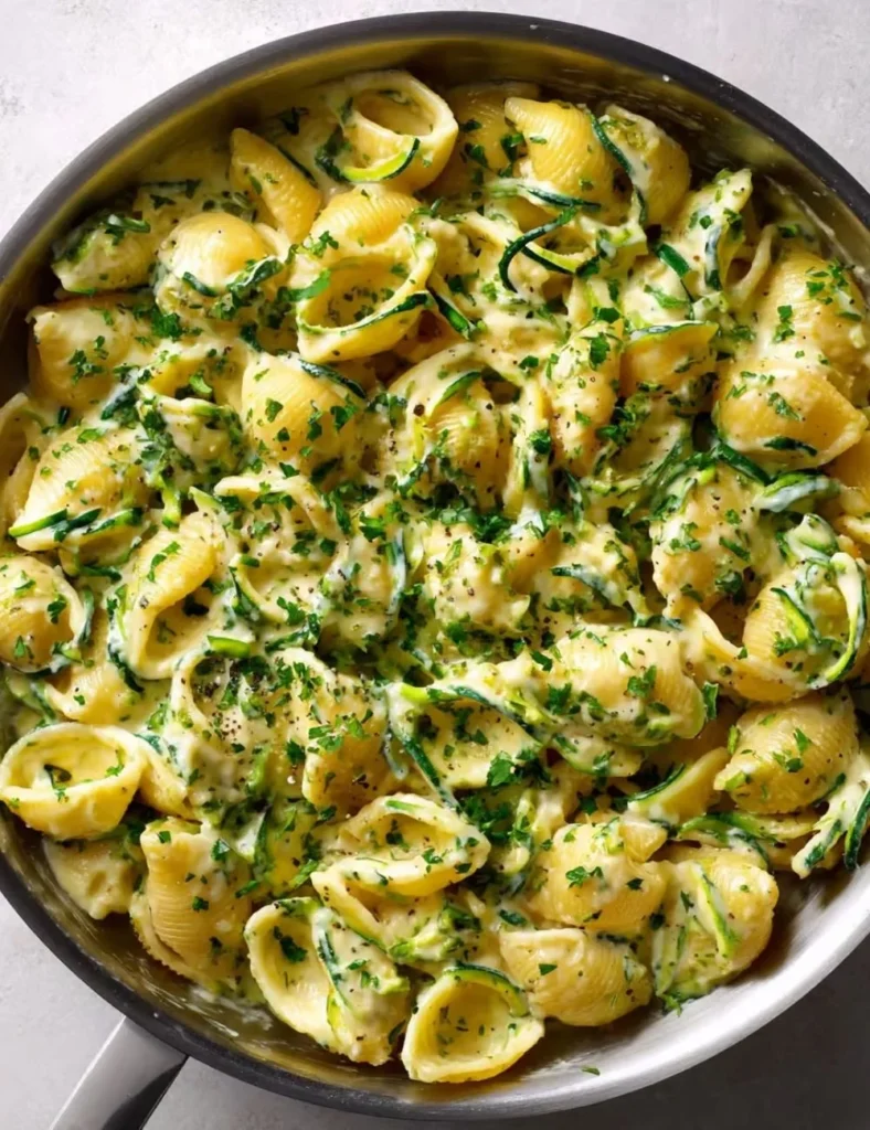 Homemade Italian zucchini sauce served with pasta on a plate.