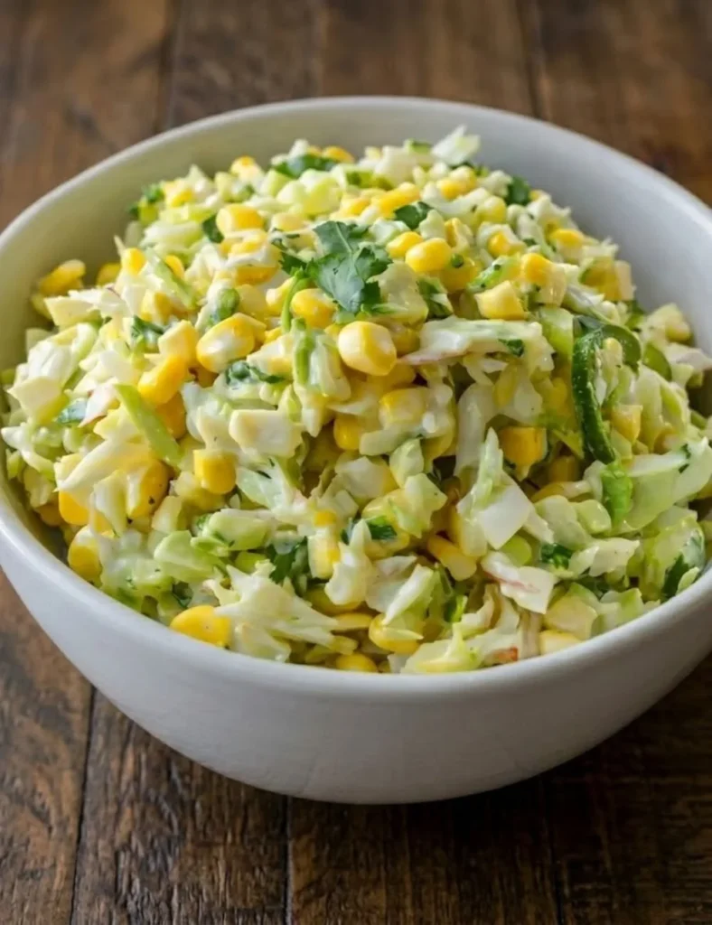 Jalapeño corn coleslaw served in a bowl with fresh ingredients