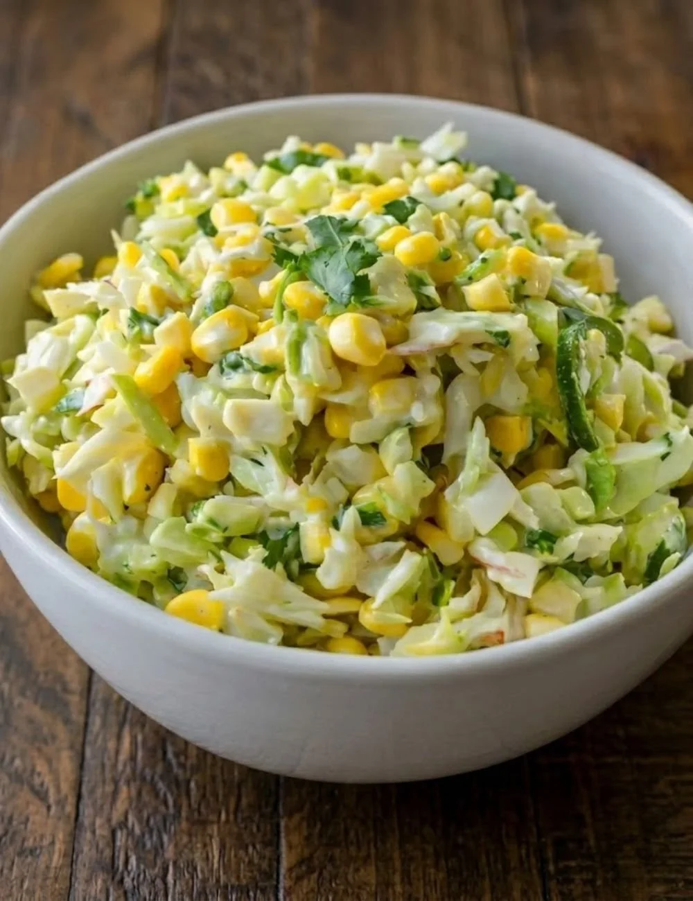 Jalapeño corn coleslaw served in a bowl with fresh ingredients