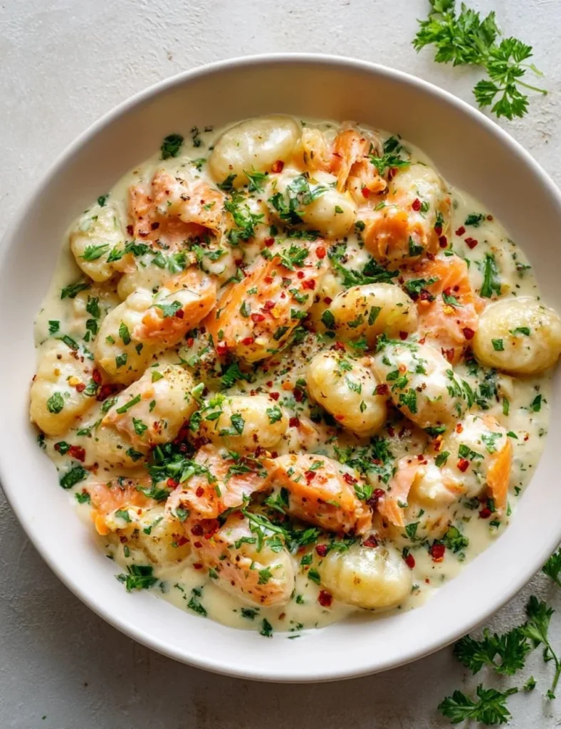 Plate of juicy smoked salmon gnocchi garnished with fresh herbs