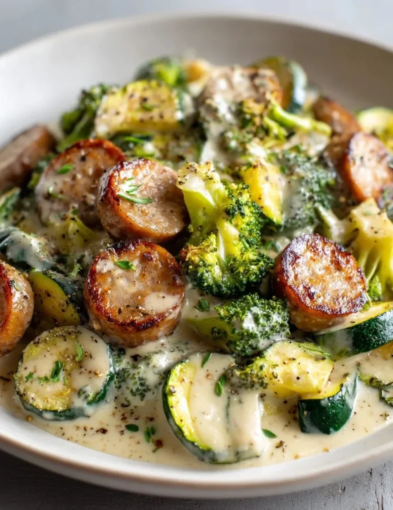 Keto Broccoli and Cauliflower Au Gratin with Sausage dish