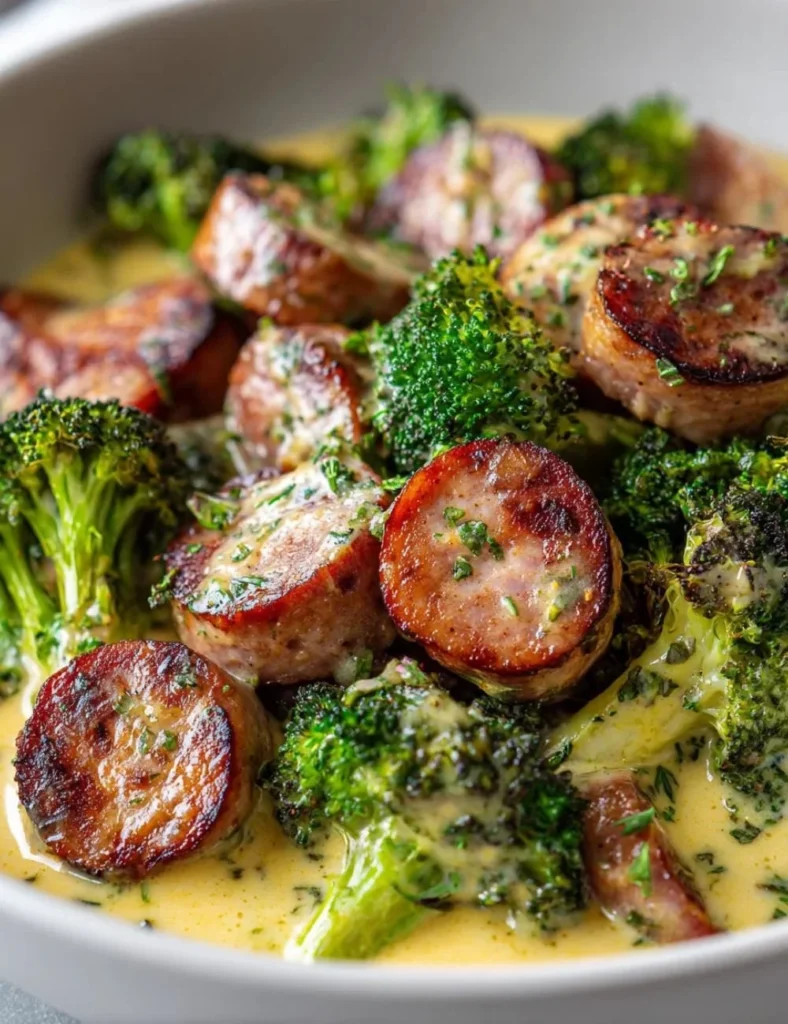 Keto Au Gratin with Broccoli, Cauliflower, and Beef Sausage in a baking dish