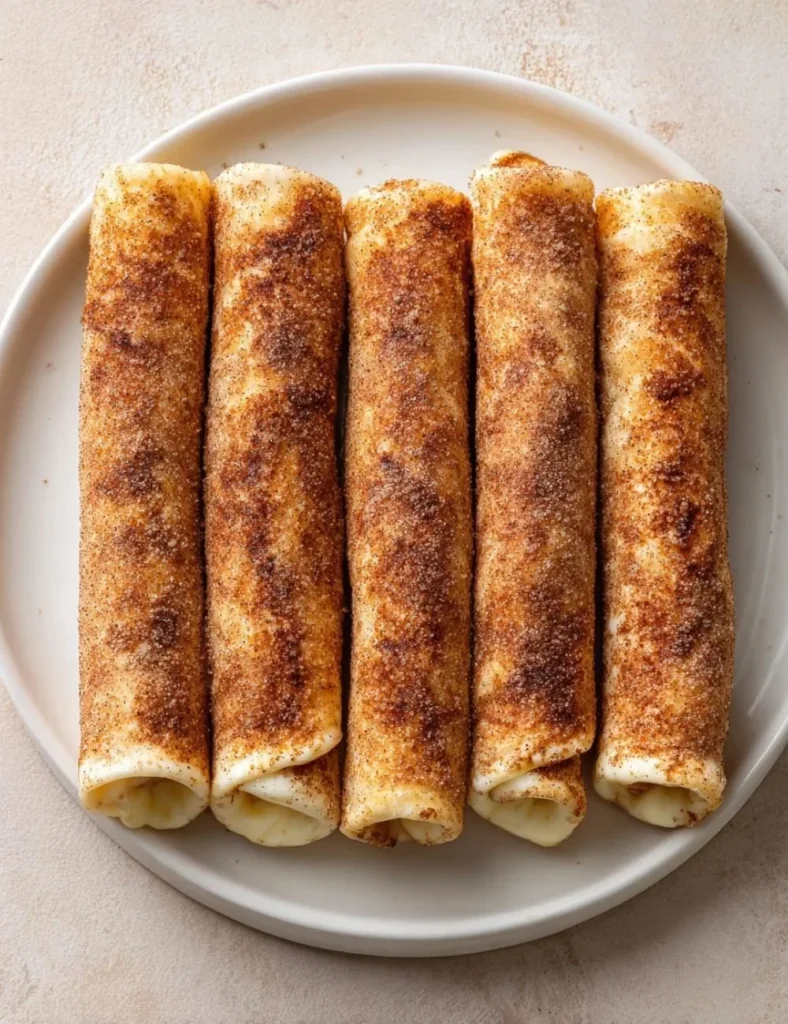 Keto Crispy Cinnamon Cream Cheese Roll Ups on a plate, golden and delicious