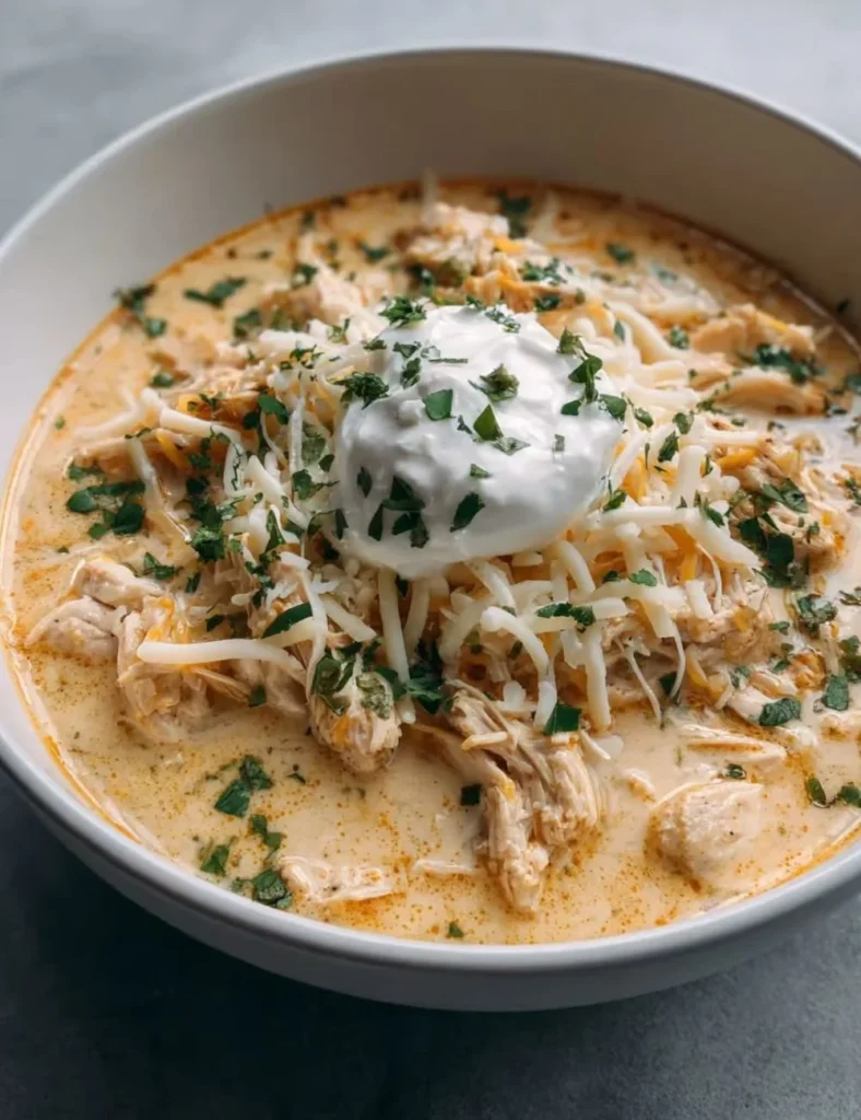 Bowl of Keto White Chicken Chili garnished with cilantro and lime slices.