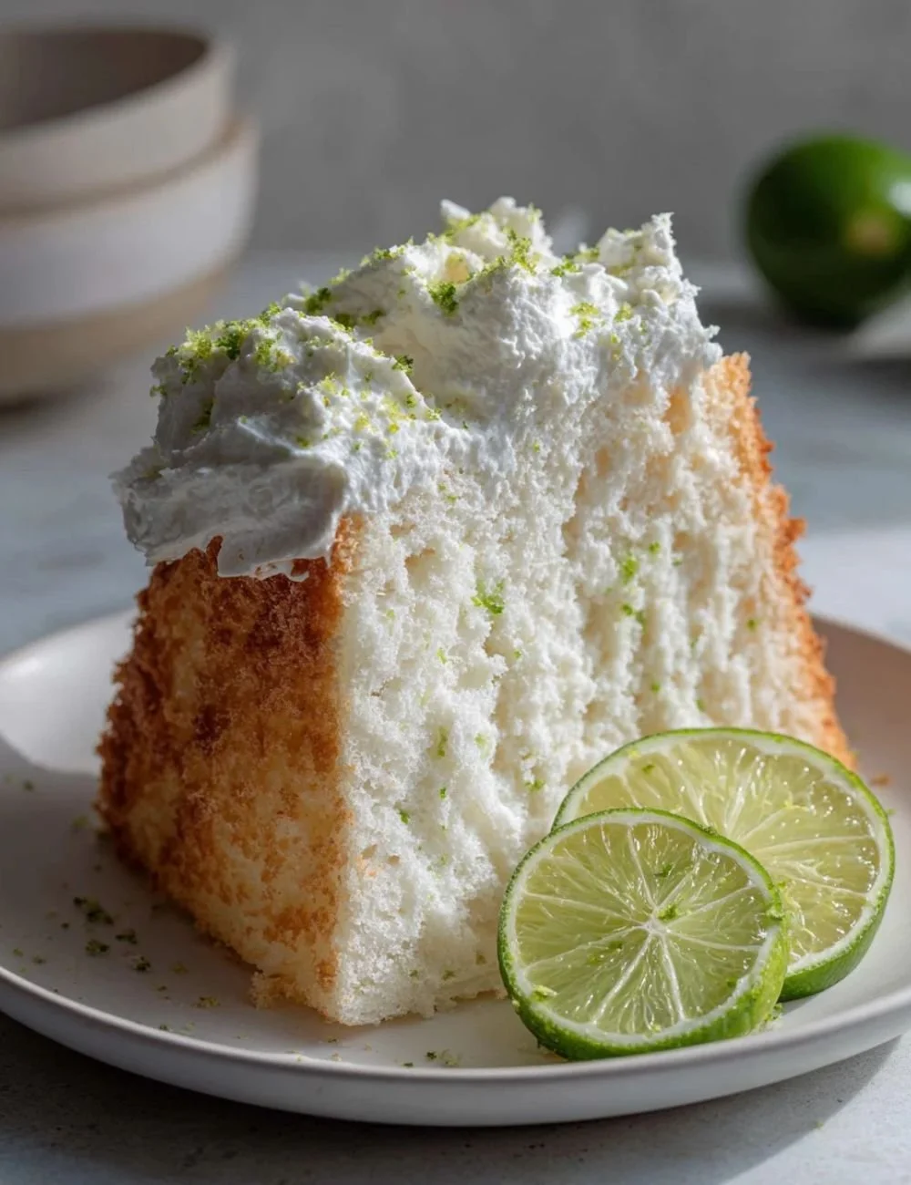 Slice of Key Lime Angel Food Cake with lime garnish on a white plate
