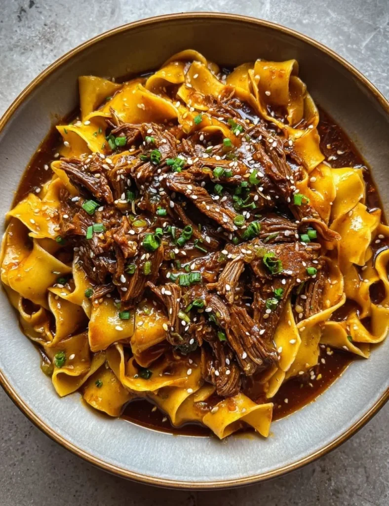Delicious bowl of Korean beef noodles garnished with green onions and chili.