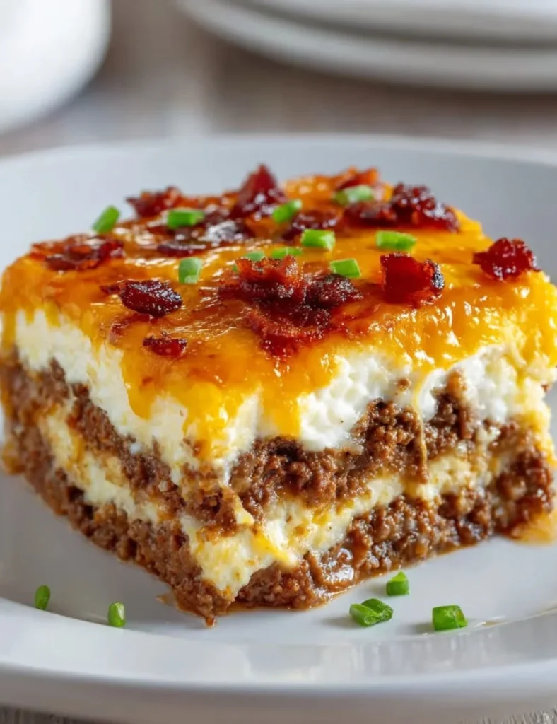 Low carb beef bacon cheeseburger casserole topped with melted cheese.