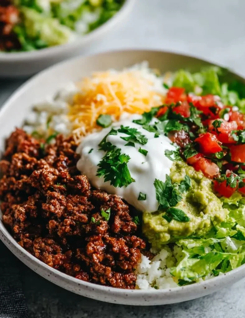 Low Carb Burrito Bowl with fresh vegetables and protein, healthy meal option
