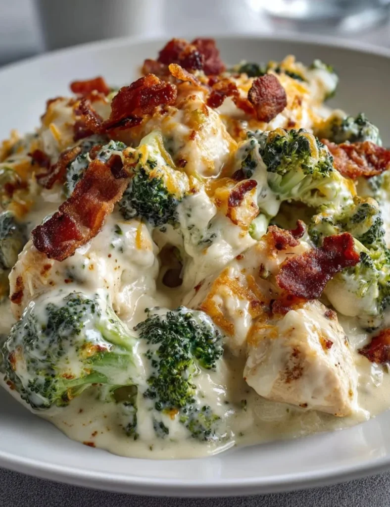 Low Carb Chicken Casserole topped with cheese and herbs in a baking dish