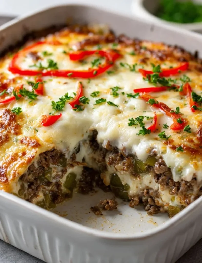 Low Carb Philly Cheesesteak Casserole dish with melted cheese and peppers